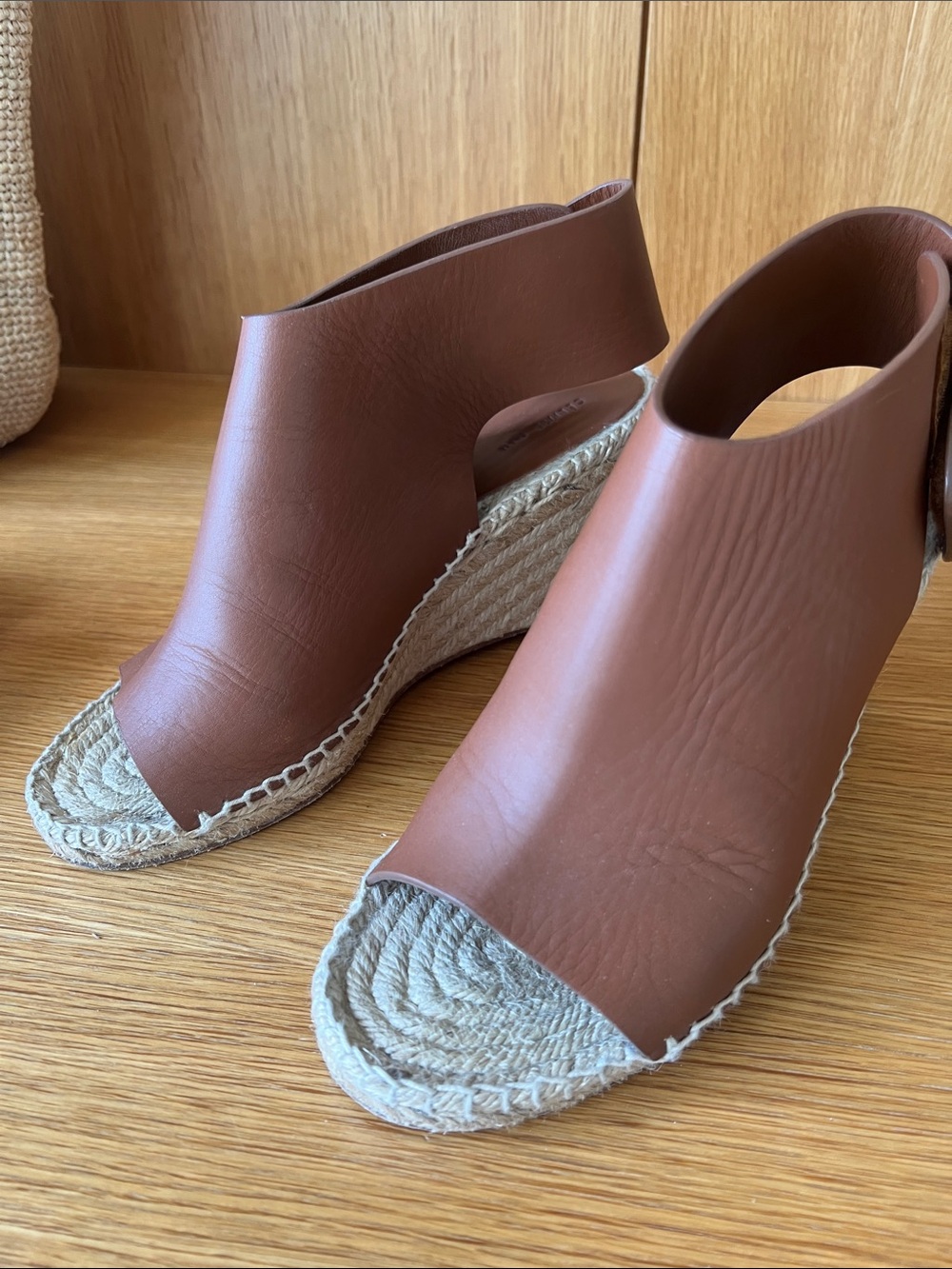 Celine Tan Leather Espadrille Wedge Sandals
